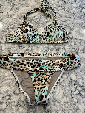 Leopard Print Bikini Set with Aqua Accents